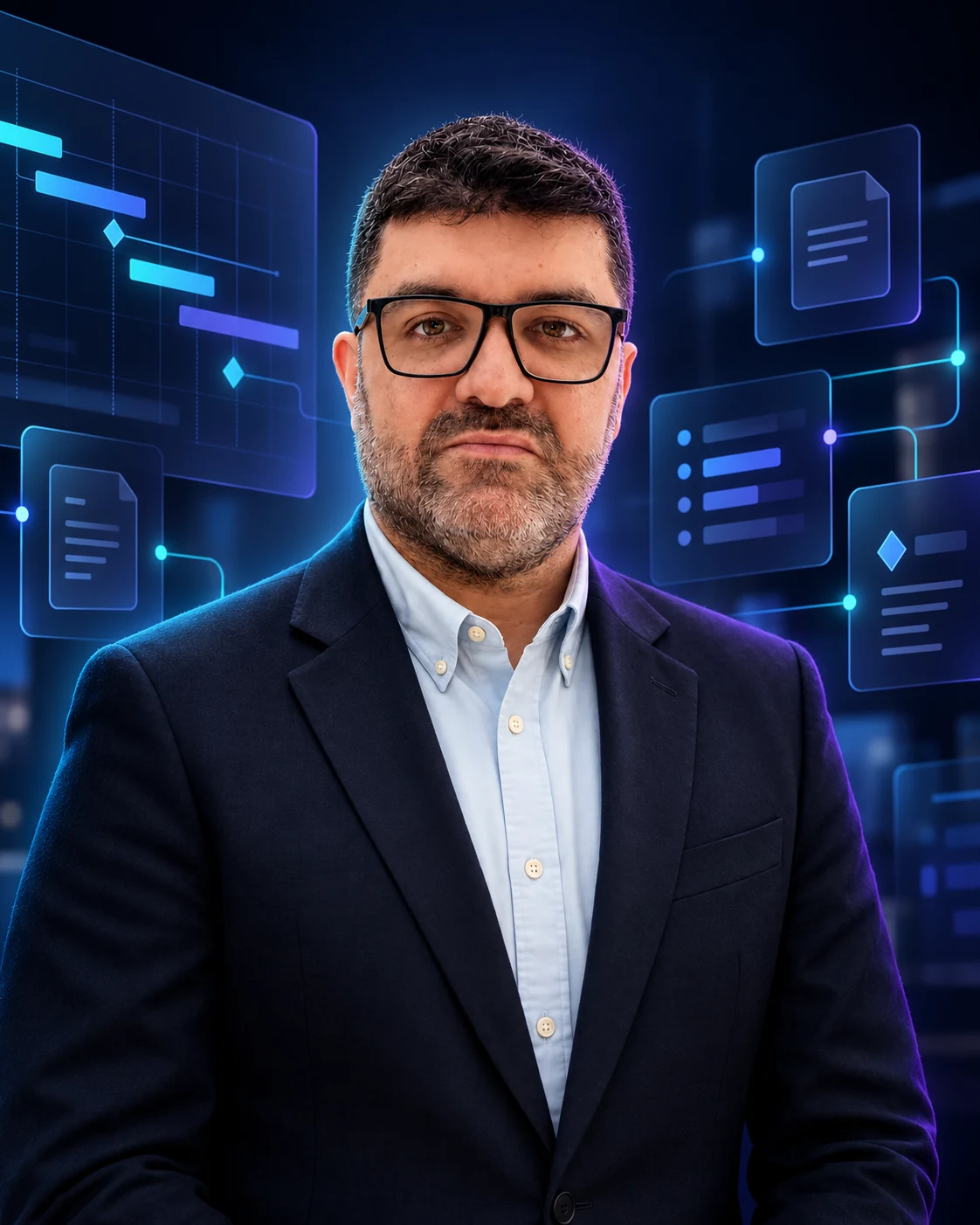 Composição editorial de Leonardo Sanches com elementos visuais de gestão de projetos e IA